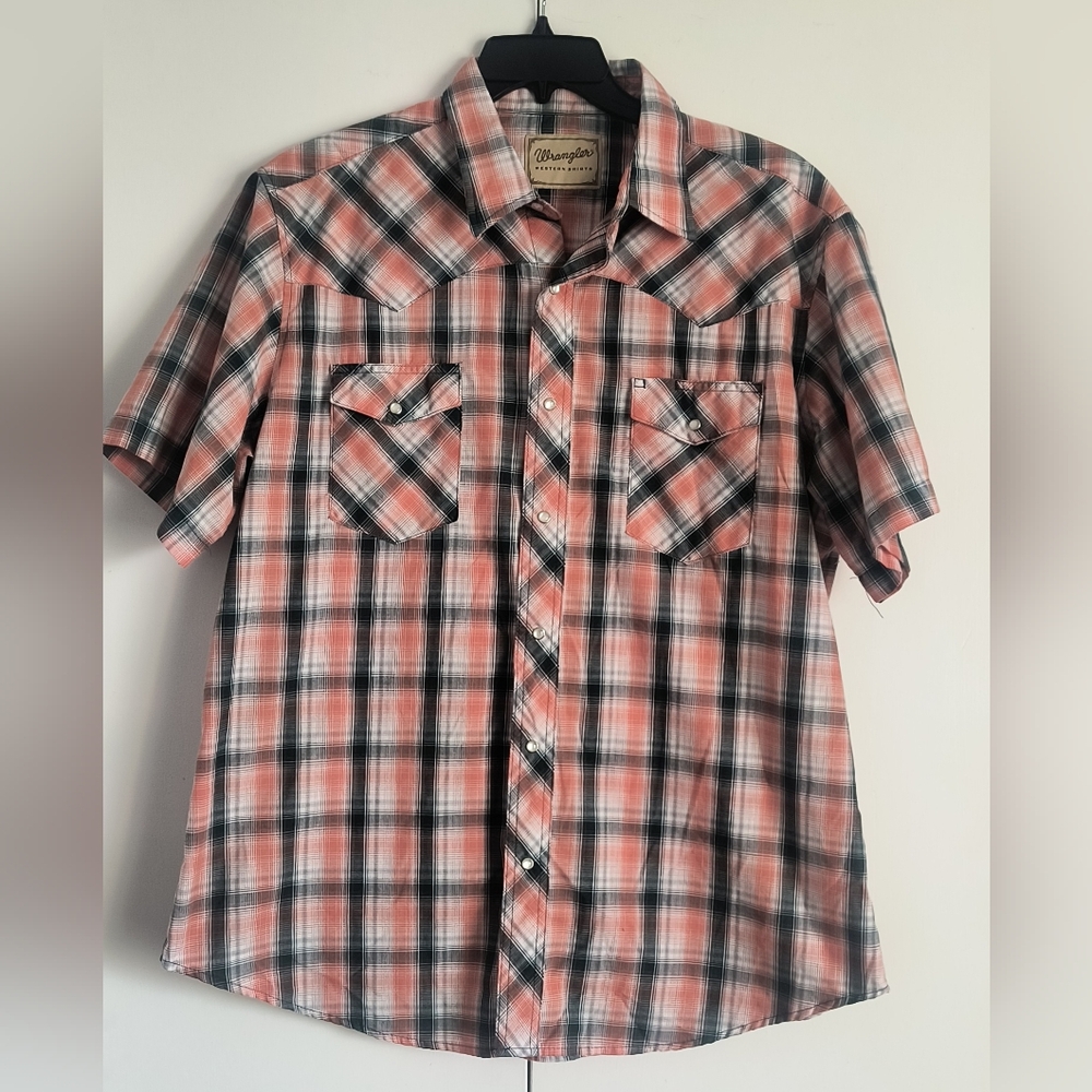 Wrangler Western Plaid Pearl Snap Shirt Sleeve Button Down XL Orange / Gray